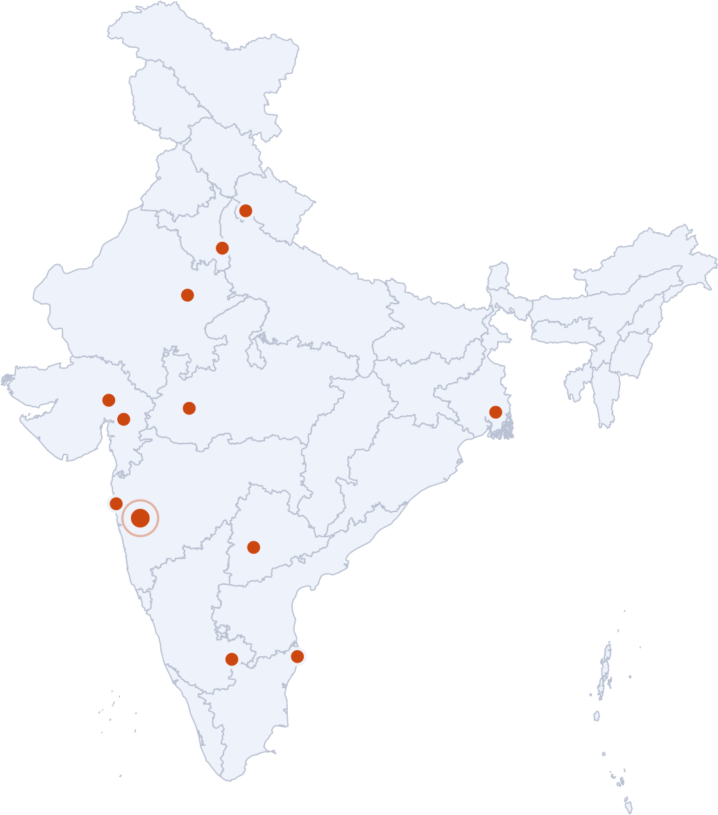 Map of India marking Vijbin's twelve branches: Pune head office plus Mumbai, Vadodara, Ahmedabad, Jaipur, Delhi NCR, Indore, Hyderabad, Chennai, Haridwar, Bengaluru and Kolkata.